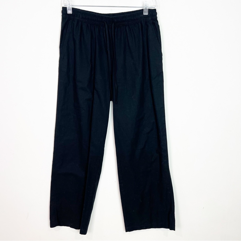 H&M BLACK WIDE LEG LINEN ELASTIC WAIST WITH TIE PANTS WIMENS SZ MEDIUM